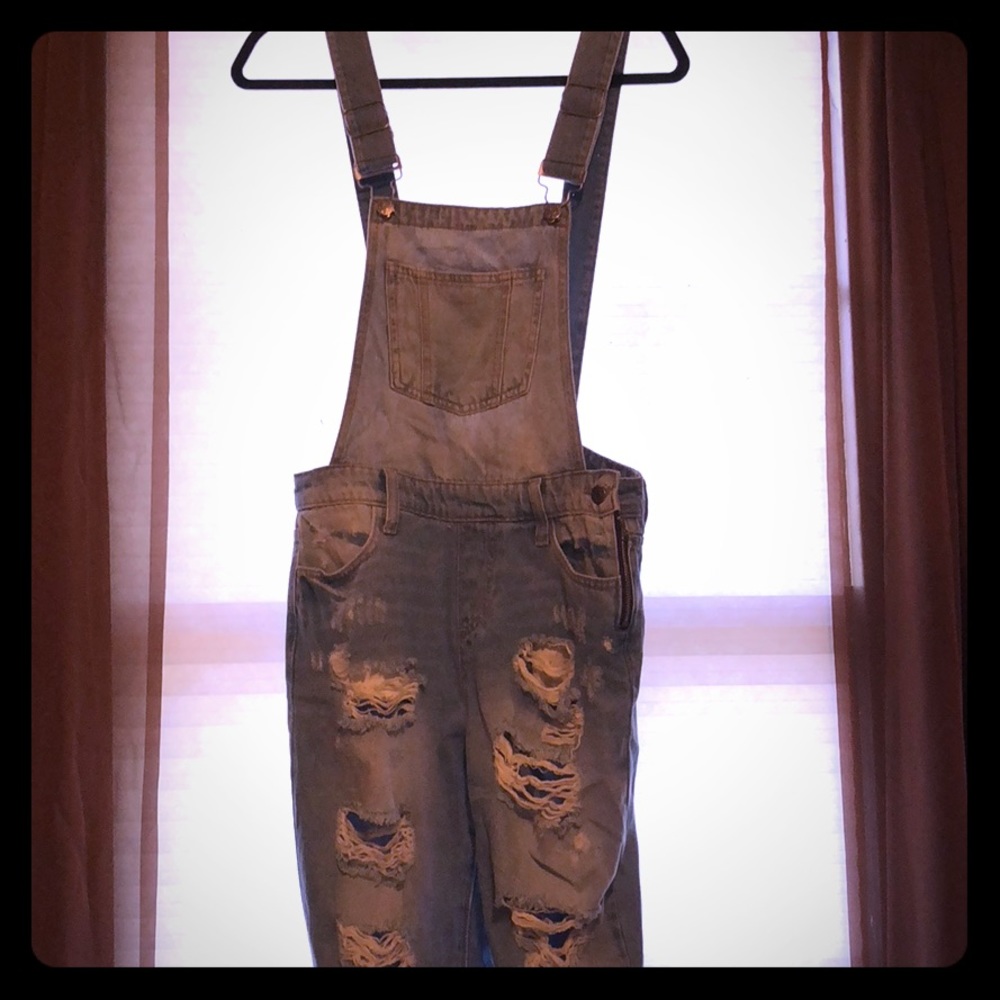 Destressed Denim Overalls